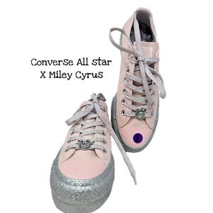 Converse All Star X Miley Cyrus Pink Canvas Sneakers Sz 8 Silver Metallic Sparks